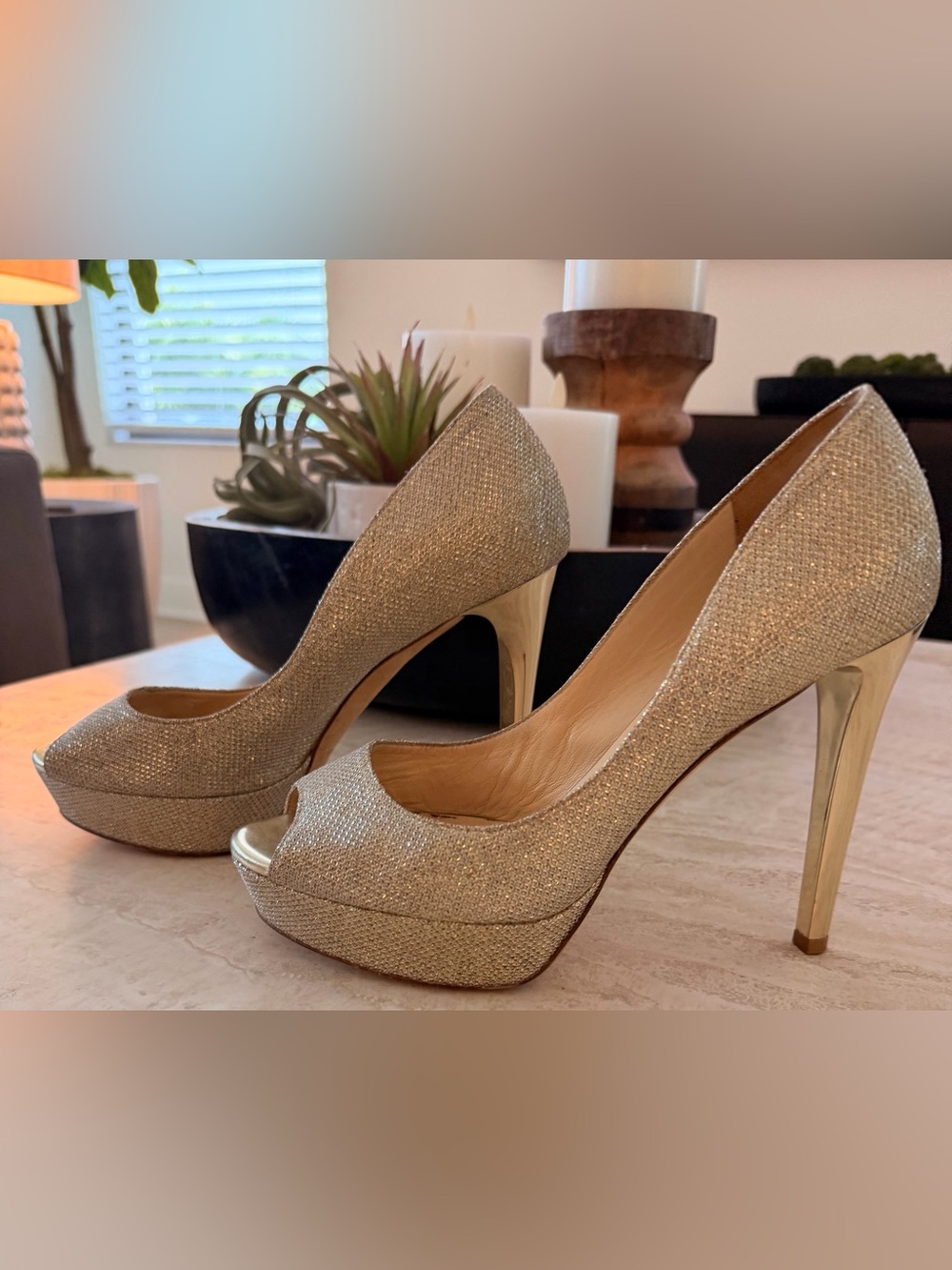 Jimmy Choo Gold Glitter Peep-Toe Platform Pumps